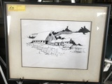 ARTWORK / INK SKETCH - FARM BUILDINGS - SIGNED KASAH - FRAMED - 17'' x 20''