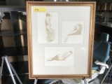 ARTWORK / SKETCHES - 3 FEMALE NUDES - FRAMED - 22'' x 19''