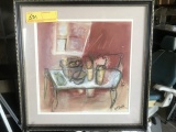 ARTWORK / WATERCOLOR - TABLE WITH BOWLS & VASES - SIGNED ART SMITH - FRAMED - 14'' x 14''