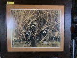 ARTWORK / PRINT - RACOONS - SIGNED CHARLES TRACE - FRAMED - 31'' x 38'' (FRAMED NEEDS TOUCH UP)