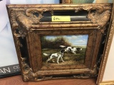ARTWORK / OIL ON BOARD - 2 HUNTING DOGS IN A FIELD - SIGNED RICHARD - GRAND VICTORIAN FRAME - 20x21