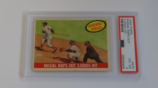 BASEBALL CARD - 1959 TOPPS #470 - MUSIAL RAPS OUT 3,000th HIT - PSA GRADE 4