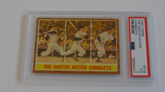 BASEBALL CARD - 1962 TOPPS #318 - THE SWITCH HITTER CONNECTS / MICKEY MANTLE - PSA GRADE 3