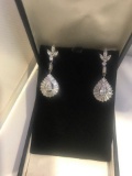 PAIR DIAMOND EARRINGS - 14K WHITE GOLD SETTING (5.8 DWT)  - PEAR SHAPED CENTER DIAMOND WITH BAGUETTE