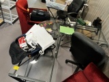 GLASS DESKS WITH BLACK ROLLING CHAIRS