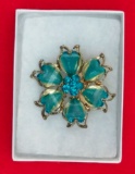 Flower Brooch w/ Blue/Green Stones & Hearts