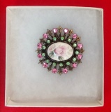 Flower Cameo Brooch w/ Multicolored Stones