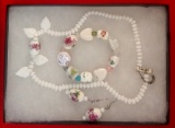 Painted Beaded Necklace, Earrings, Bracelet Set