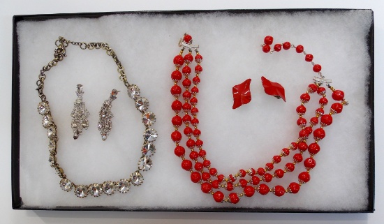 Necklace & Earring Lot w/ Clear Stones & Red Beads