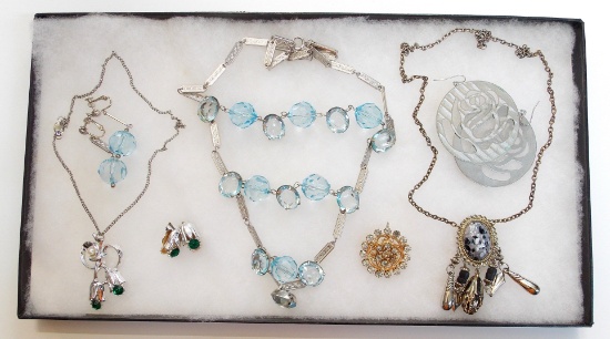 Necklace, Earring, & Brooch Lot with Blue Glass