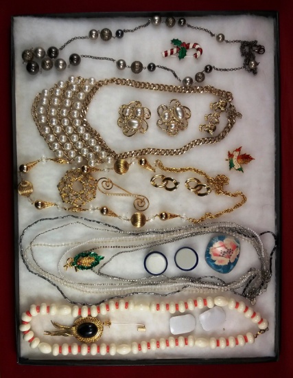 Necklace, Earring & Brooch Lot w/ Faux Pearls