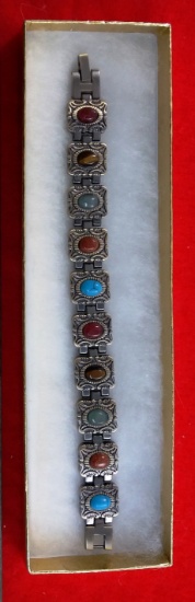 Metallic Link Bracelet w/ Multicolored Cabochons