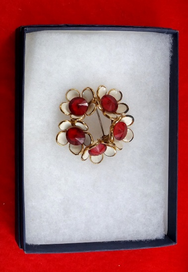 Flower Brooch w/ Red Stones.