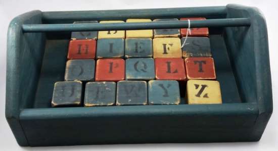 Lot of Vintage Wooden Block Toys in Wooden Carry Case