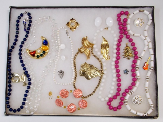 Necklace, Earring, & Brooch Lot  w/ Colored Beads & Faux Pearl