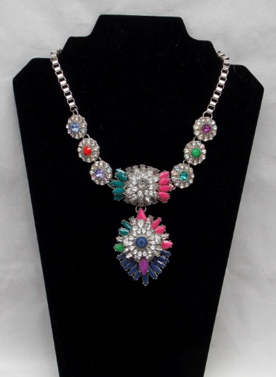 Costume Jewelry Necklace w/ Colored Stones & Clear Rhinestones