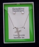 CZ Necklace & Earring Set w/ Cross in Original Box