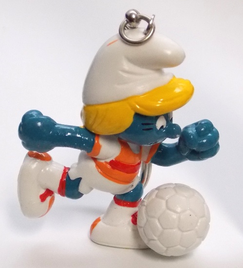 Vintage Soccer Smurfette PVC Figural Keychain