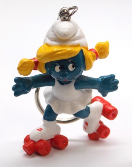 Vintage Roller Skating Smurfette PVC Figural Keychain