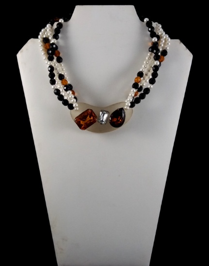 Black & White Beaded Necklace w/ Amber Glass