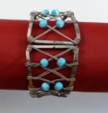 Woven Metal Hinged Bracelet w/ Blue Beads