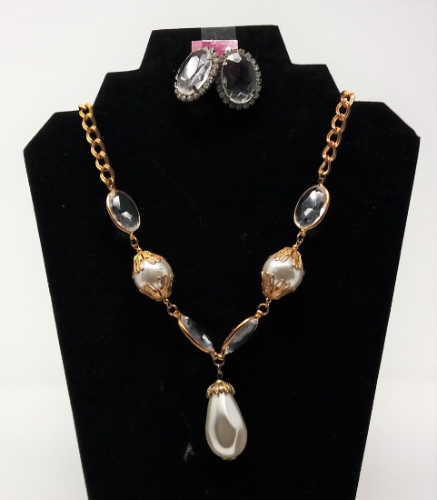 Gold-Tone Necklace & Earring Set w/ Glass Crystals & Beads