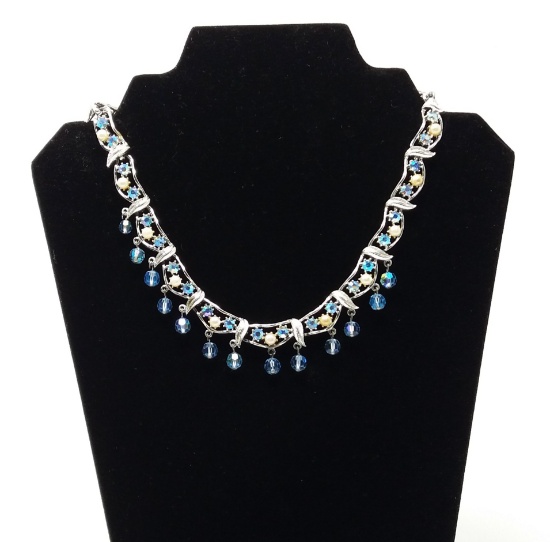 Coro Necklace w/ Blue Glass Crystals, Faux Pearls, & Leaf Pattern