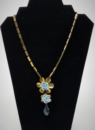 Gold-Tone Necklace with Enameled Flower Pendant