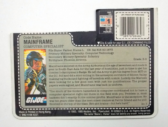 Vintage Mainframe GI Joe FileCard