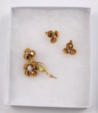 Gold Tone Flower Brooch & Earring Set