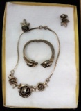 Rose-Themed Necklace, Earring, & Hinged Bracelet Costume Jewelry Set