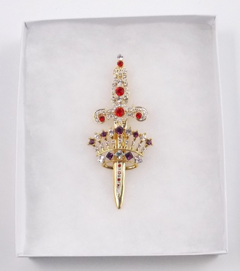 Sword & Crown Brooch w/ Multicolored Stones