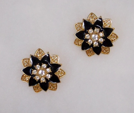 Flower Earrings w/ Clear Stones & Black Enameling