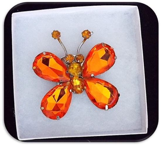 Vintage Butterfly Brooch w/ Orange & Citrine Pronged Stones