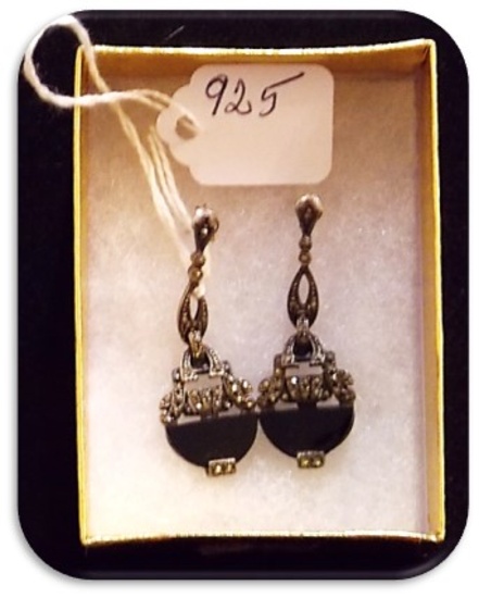 Vintage Sterling Silver Earrings with Black Stone
