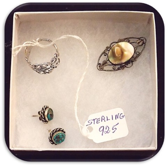 Vintage Sterling Silver Ring, Pin Brooch, and Earring Lot