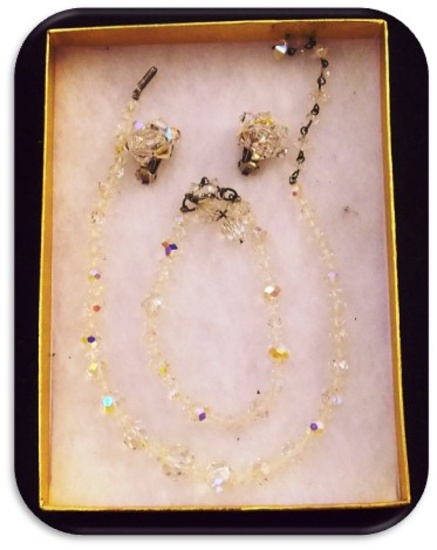 Vintage Necklace, Bracelet & Earring Set w/ Aurora Borealis, Crystal