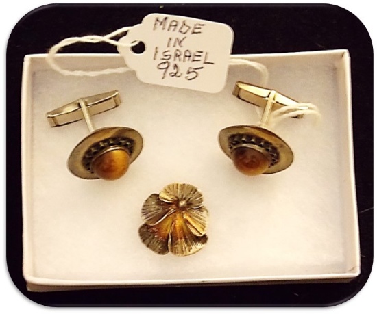 Israeli Sterling Silver Cufflink and Pin Set