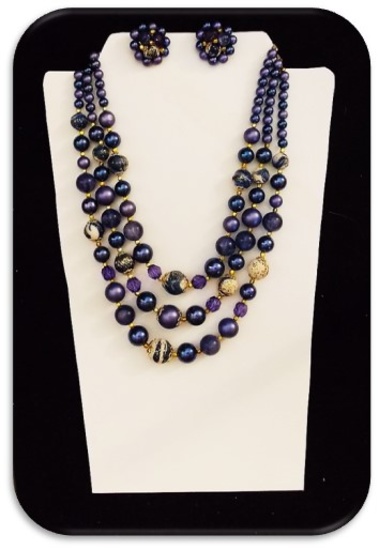 Vintage Necklace & Earring set w/ Blue Beads & Violet Crystal