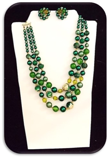 Vintage Necklace & Earring set w/ Green & Crystal Beads