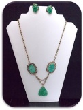 Necklace & Earring set w/ Flower Decorated Jade Stone