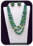 Necklace & Earring set w/ Celluloid Beads & Green Crystal