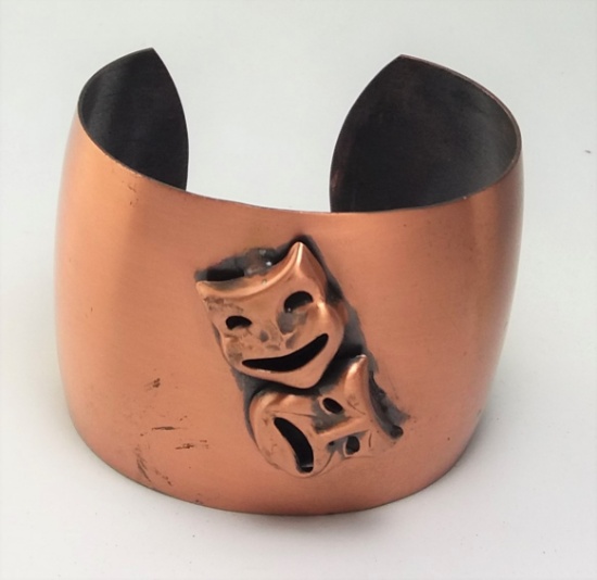 Antique Comedy / Tragedy Wide Copper Cuff Bracelet