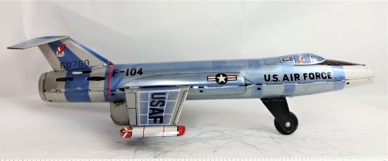 Japanese Tin Litho U.S.A.F. F-104 Space Jet Fighter Friction Jet Masuya Toy