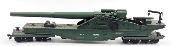 Vintage HO Scale US Army Flat Car w/ Big Cannon #114 A-1077 Railway Gun