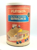 Vintage 1970 Playskool Plastic Building Bricks Set in Original Cannister
