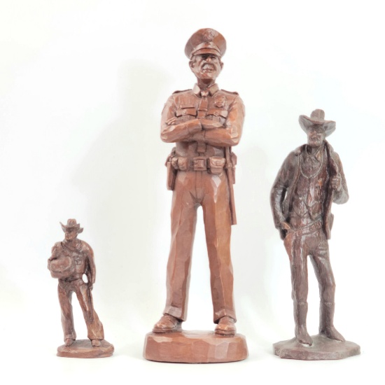 Wooden Cowboy & Police Officer Statue Grouping