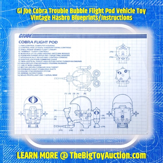 GI Joe Cobra Trouble Bubble Flight Pod Vehicle Toy Vintage Hasbro Blueprints/Instructions