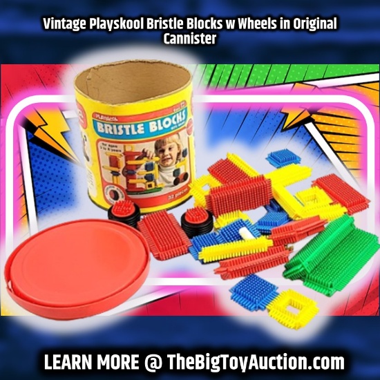 Vintage Playskool Bristle Blocks w Wheels in Original Cannister