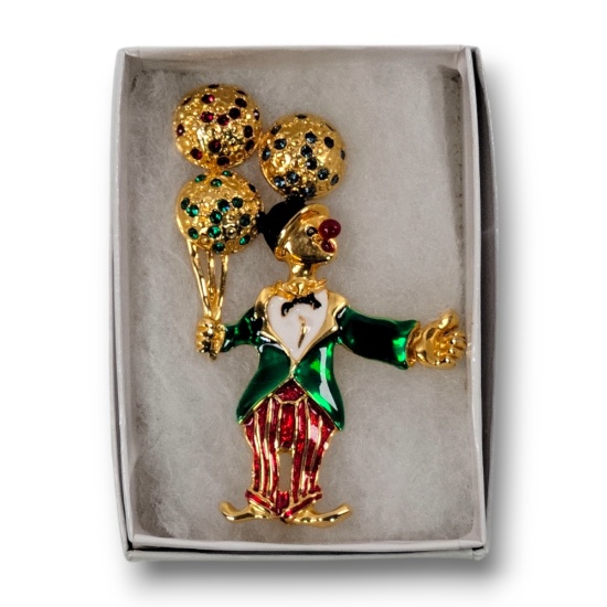 Vintage Circus Clown Brooch – Gold-Tone Pin w/ Enamel Balloons & Costume Stones